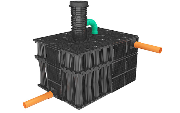 Rendering Produktbild Blockrigolensystem Stormbrixx mit Adapater für den Schachtaufbau
