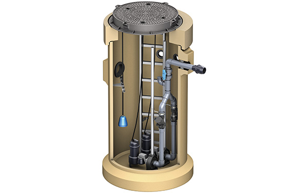3D-Rendering Querschnitt einer Pumpstation mit montierter Innenverrohrung und mit Probenahmemöglichkeit.