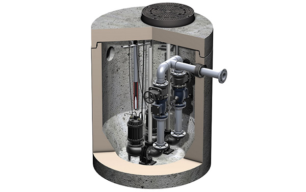3D-Rendering Querschnitt einer Pumpstation mit montierter Innenverrohrung und mit Probenahmemöglichkeit.