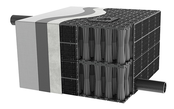 3D-Rendering eines modularen Blockrigolenssystems aus Kunststoff, teilweise mit Filtervlies umhüllt.
