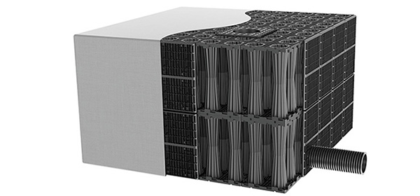Rendering Produktbild ACO Stormbrixx als Regenwasserversickerung mit einem Geotextil umhüllt