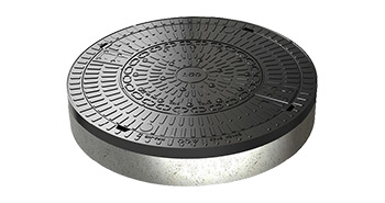 Runde Schachtabdeckung mit strukturiertem Muster, Rahmen aus Kunststoff/Beton.