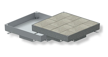 3D-Rendering einer auspflasterbaren Schachtabdeckung, bestehend aus einem Rahmen und einer ausfüllbaren Wanne.