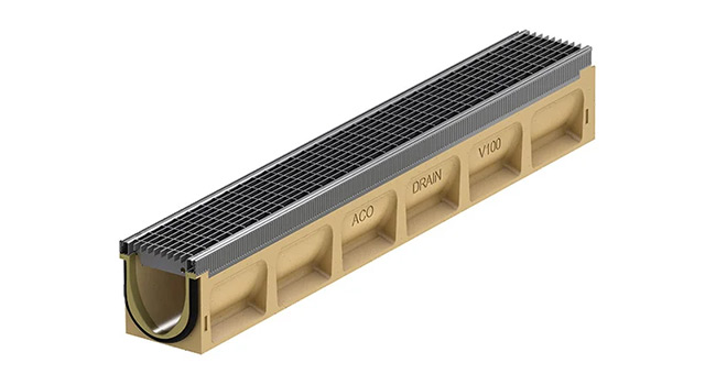 3D-Rendering einer Entwässerungsrinne mit integrierter Dichtung, verzinkter Stahlzarge und Edelstahlzarge und Abdeckrost.