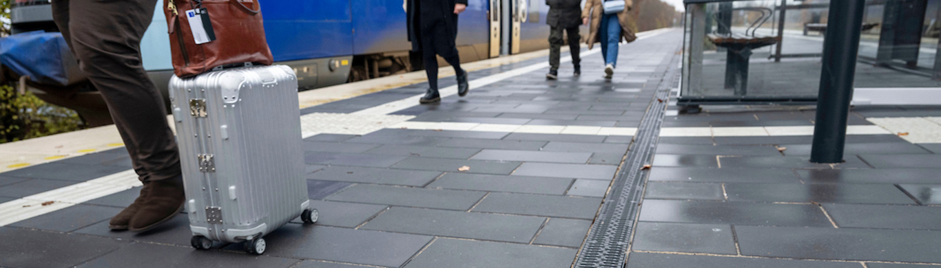 Person mit silbernem Rollkoffer auf einem Bahnsteig, im Hintergrund ein Zug und weitere Reisende.