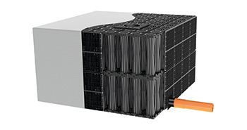 3D-Rendering eines modularen Blockrigolenssystems aus Kunststoff, teilweise mit Filtervlies umhüllt.