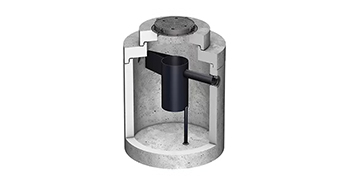 3D-Rendering eines Querschnitts einer Regenwasserbehandlungsanlage mit Komponenten.