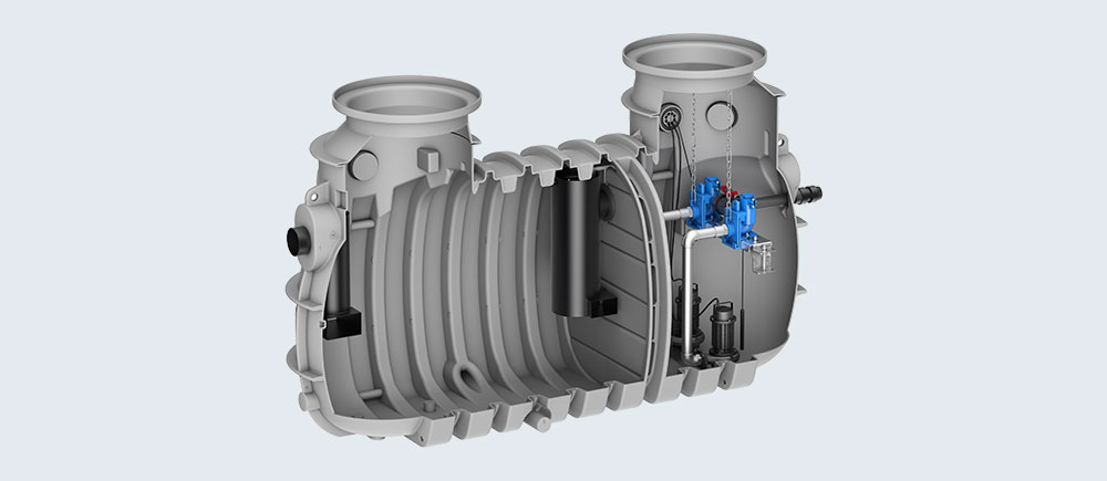 3D-Rendering einer Kompaktanlage mit Abscheider, Schlammfang, Probenahmestelle, Pumpstation, Rückstauschutz in einem Bauteil.