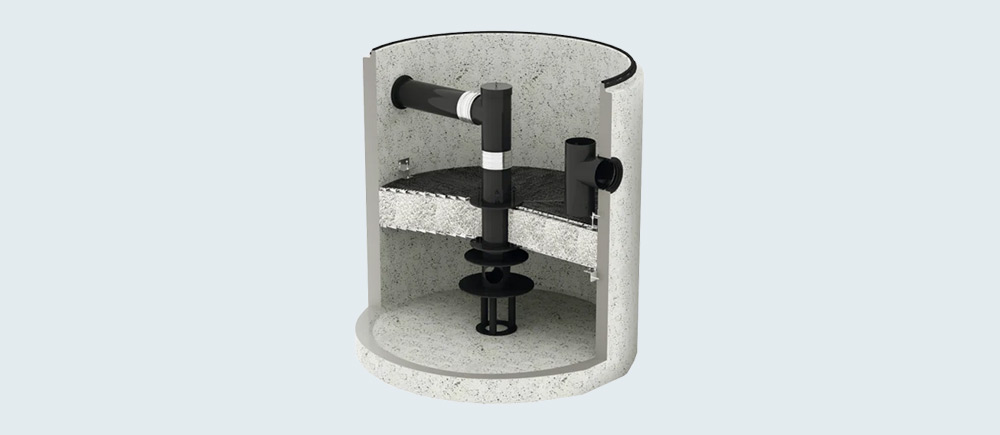 3D-Rendering eines Querschnitts einer Regenwasserbehandlungsanlage mit Komponenten.