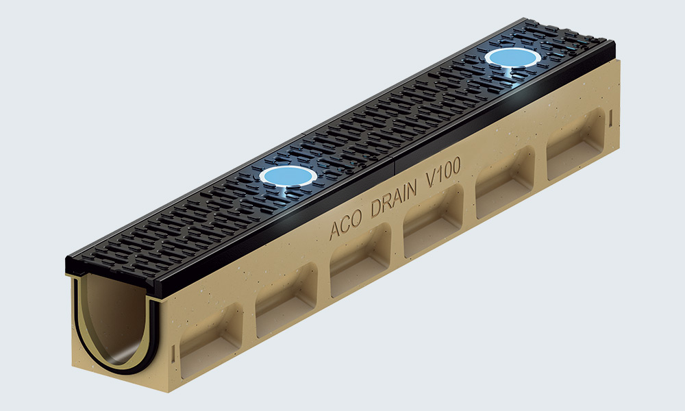 3D-Rendering einer Entwässerungsrinne mit integrierter Dichtung, Edelstahlzarge, Abdeckrost und integrierten Lichtpunkten.