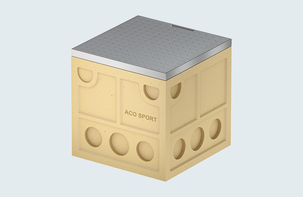 ACO Sport Kabelverteilerschacht 3D-Rendering eines Kabelverteilerschachts mit Metallabdeckung.