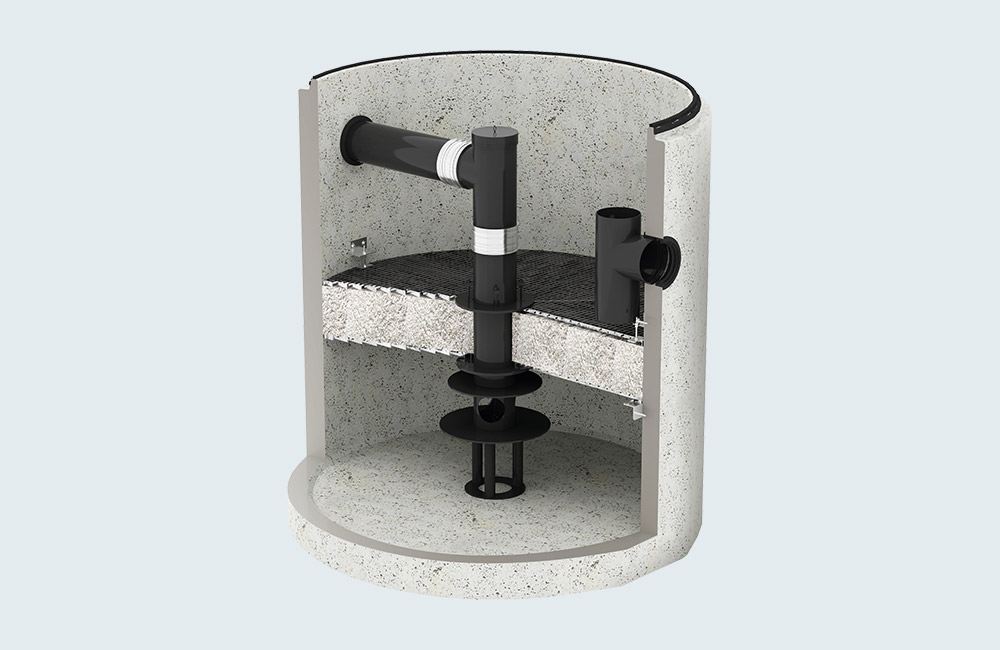 ACO Sport Filterschacht 3D-Rendering Querschnitt eines Filterschachts.