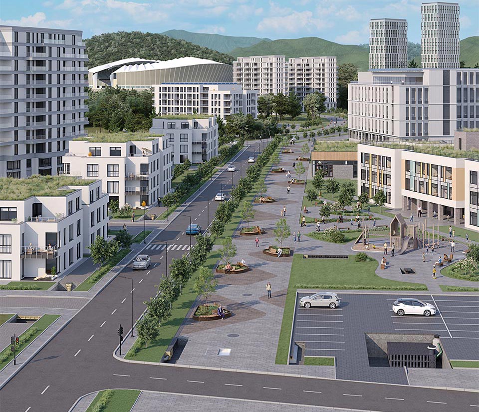 Rendering von modernen Wohngebäuden in einer Stadt, umgeben von einer Straße, öffentlichen Wegen, Plätzen und Freiflächen.