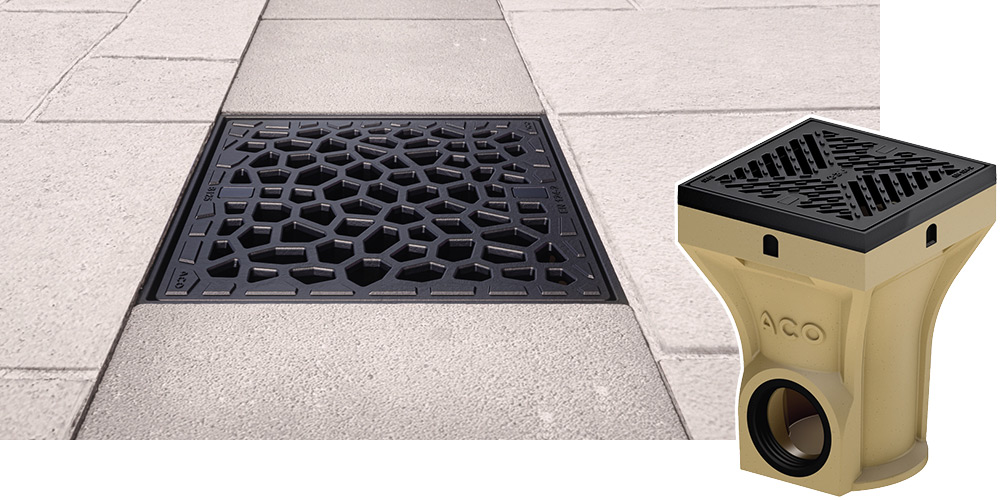 Quadratischer Punktablauf mit schwarzem Gitterrost in Pflasterfläche, daneben Nahaufnahme des Punktentwässerungssystems.