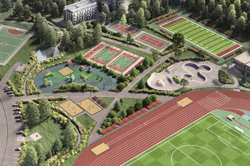 Sportkomplex mit Fußballstadion, Tennis- und Volleyballplätzen, Laufbahn und Spielplatz, umgeben von Grünflächen und Parkplätzen.