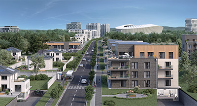 Blick auf eine moderne Wohnstraße mit Reihenhäusern, Mehrfamilienhäusern, Autos und Grünflächen, im Hintergrund Arena.