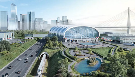Rendering einer modernen Stadt mit Autobahn, ICE, futuristischem Glasgebäude, Grünflächen, Teich, Brücke und Wolkenkratzern.