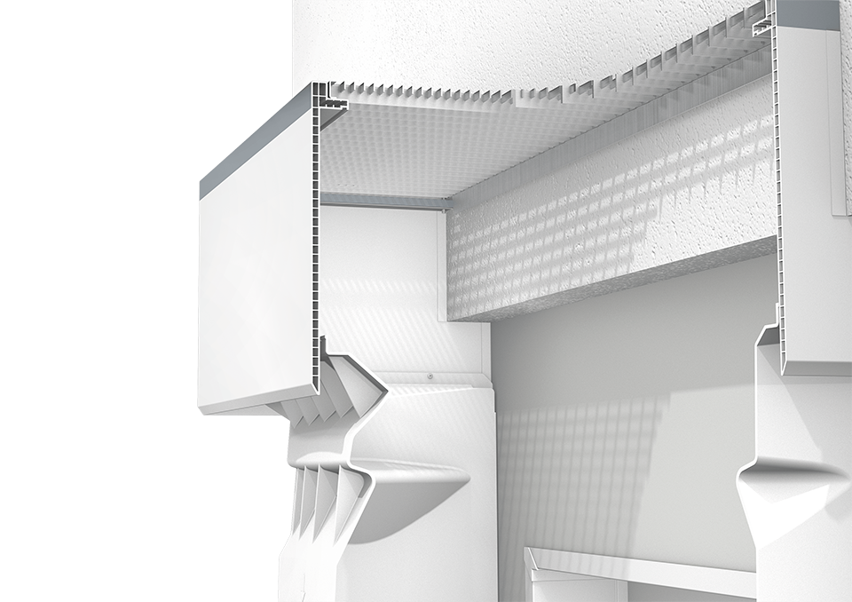3D-Schnittdarstellung von einem Lichtschacht und höhenverstellbarem Aufstockelement mit verlängerten Seitenschenkeln.