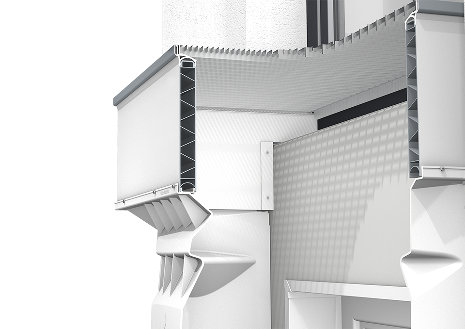 3D-Schnittdarstellung von einem Lichtschacht und fixem Aufstockelement mit verlängerten Seitenschenkeln.