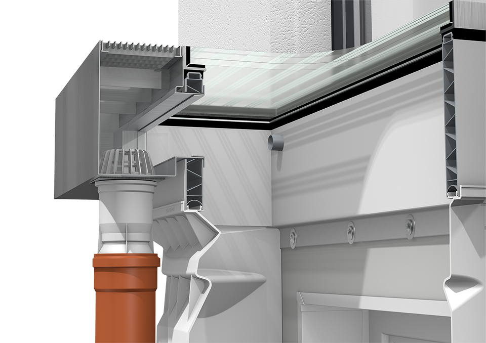 Schnittdarstellung eines Lichtschachts mit 4-seitigem Aufstockelement, Glasabdeckung mit Lüftungskasten und Fassadenrinne.