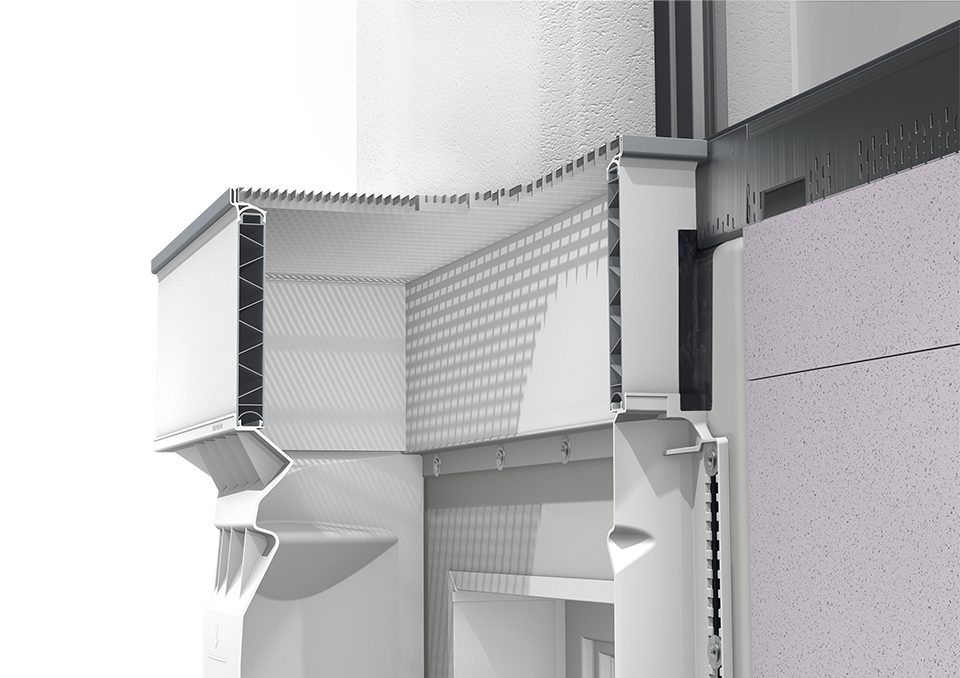 3D-Schnittdarstellung von einem Lichtschacht, 4-seitig geschlossenem Aufstockelement mit Maschenrost und Fassadenrinne.