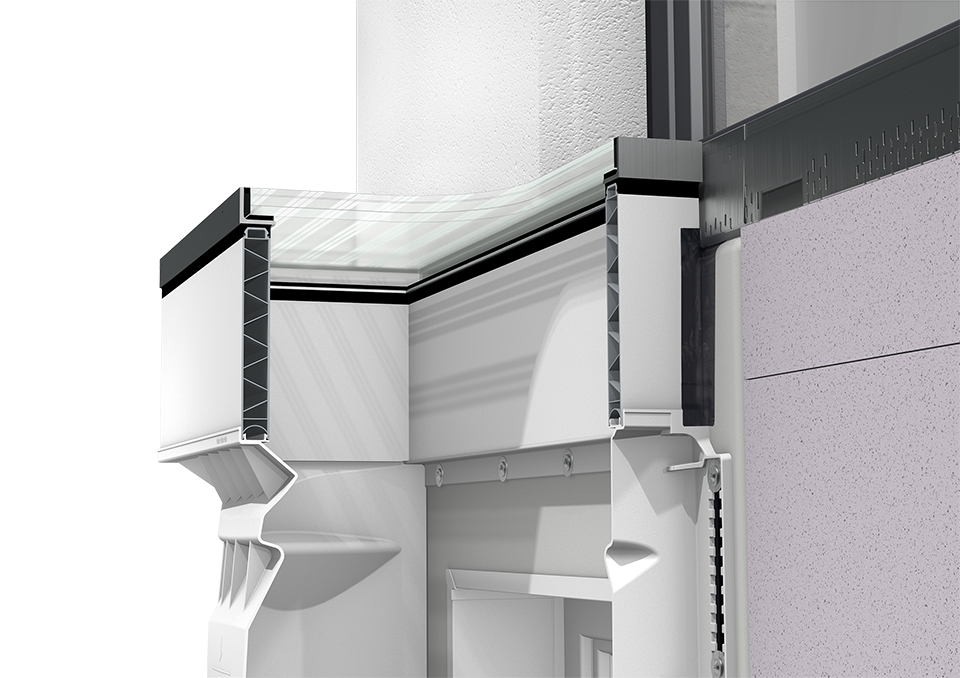 3D-Schnittdarstellung von einem Lichtschacht, geschlossenem Aufstockelement, Glasabdeckung ohne Lüftung und Fassadenrinne.