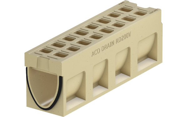 3D-Rendering Fließquerschnitt einer Entwässerungsrinne in monolithischer Bauweise mit integrierter Dichtung am Rinnenstoß.