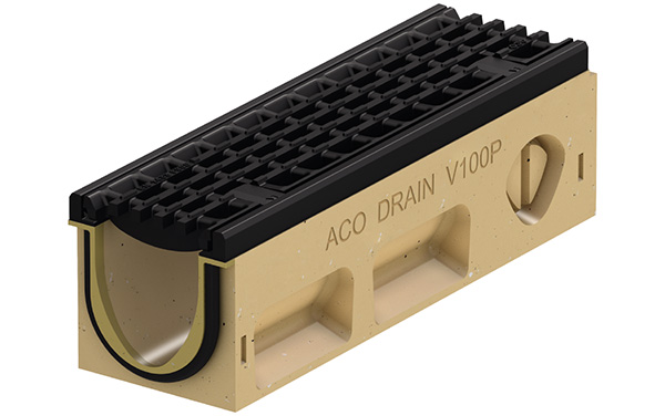 3D-Rendering einer Schwerlastrinne mit Gussrost und integrierter Dämpfung zwischen Rost und Rinne.