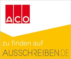 Logo der Firma ACO mit rotem Schriftzug, darunter der Hinweis ‚zu finden auf AUSSCHREIBEN.DE‘.