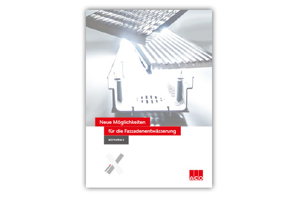 Prospekt-Cover mit Claim „Neue Möglichkeiten für die Fassadenentwässerung“.