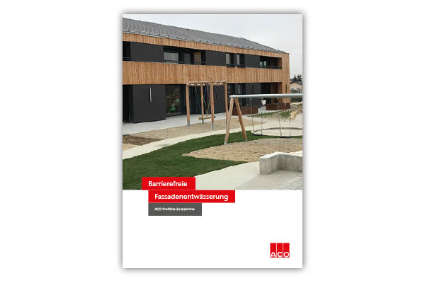 Prospekt-Cover mit Claim „Barrierefreie Fassadenentwässerung“.