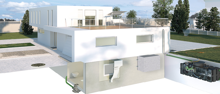 Rendering modernes zweistöckiges Wohnhaus mit Querschnittsansicht eines Abwassersystems und Lichtschachts im Untergeschoss
