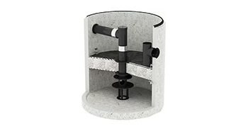 3D-Rendering eines Querschnitts einer Regenwasserbehandlungsanlage mit Komponenten.