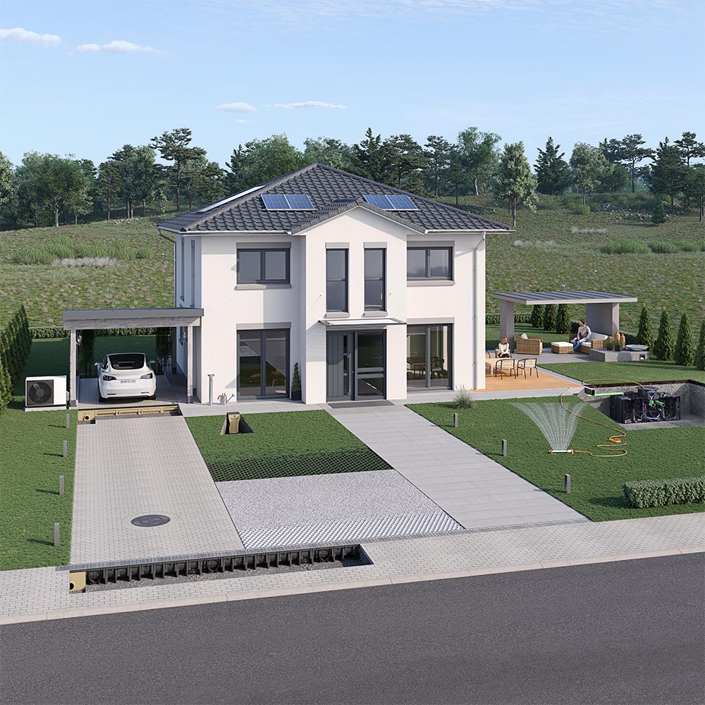 Rendering eines modernen Einfamilienhauses mit Carport, Hoffläche, Solarpanels auf dem Dach, gepflegtem Garten und Terrasse.
