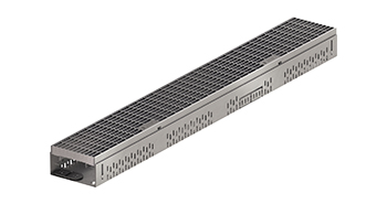 3D-Rendering einer höhenverstellbaren Fassadenrinne mit seitlicher Rostverriegelung und integrierten Stichkanalanschluss.