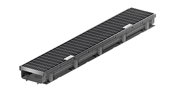 3D-Rendering einer ananthrazitfarbenden Fassadenrinne mit Maschenrost.