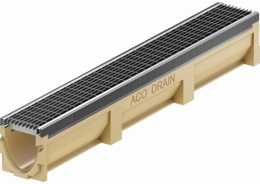 3D-Rendering einer Entwässerungsrinne mit verzinkter Stahlzarge und Abdeckrost.