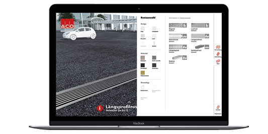 Laptop zeigt ACO-Software zur Auswahl von Entwässerungsrinnen und Rostdesigns.