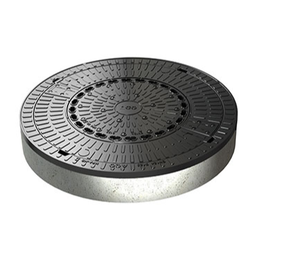 Runde Schachtabdeckung mit strukturiertem Muster und Lüftungsöffnung, Rahmen aus Kunststoff/Beton.