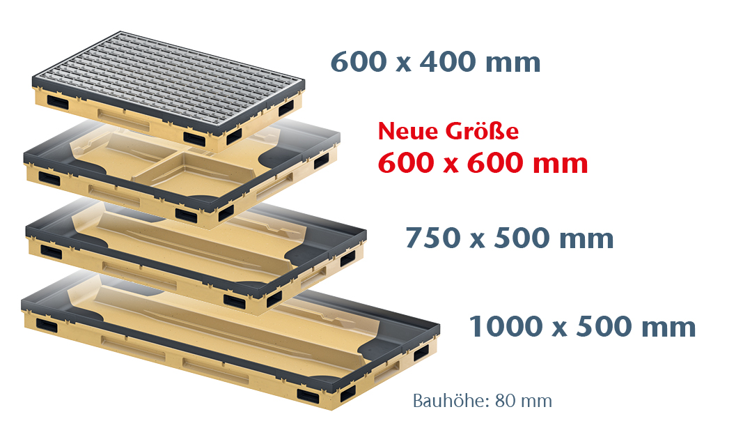 Rendering von vier Bodenwannen für Schuhabstreifer in verschiedenen Größen, in Beige mit schwarzen Kanten.