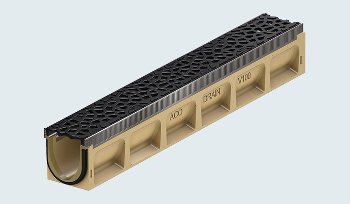 3D-Rendering einer Entwässerungsrinne mit integrierter Dichtung und Abdeckrost mit geometrischen Formen.