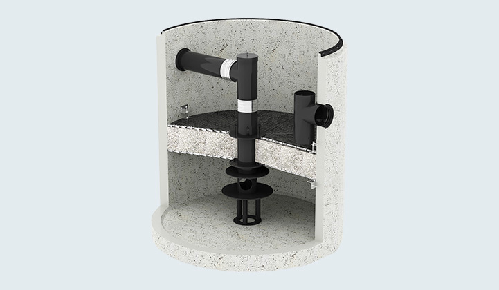3D-Rendering eines Querschnitts einer Regenwasserbehandlungsanlage mit Komponenten.