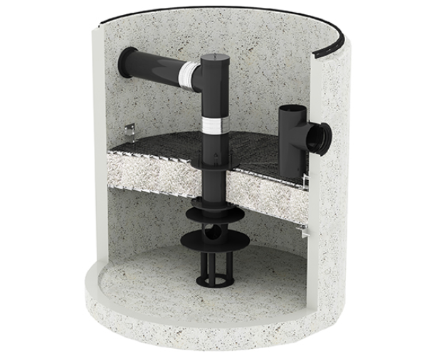 3D-Rendering eines Querschnitts einer Regenwasserbehandlungsanlage mit Komponenten.