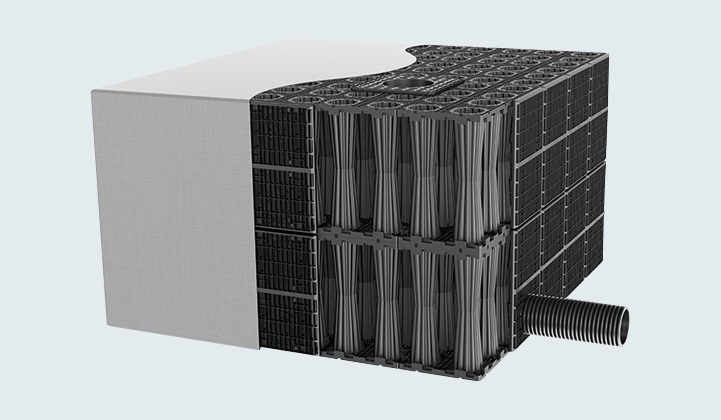 Rendering Produktbild ACO Stormbrixx als Regenwasserversickerung mit einem Geotextil umhüllt