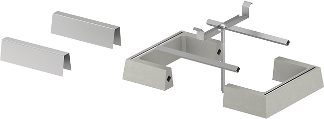 3D-Rendering Wärmepumpenfundament bestehend aus einem Betonelement und integrierten Teleskopstangen, Füßen und Erdnagel.