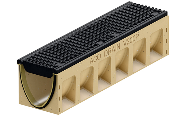 3D-Rendering einer Schwerlastrinne mit integrierter Dämpfung zwischen Rost und Rinne und Dichtung am Rinnenstoß.