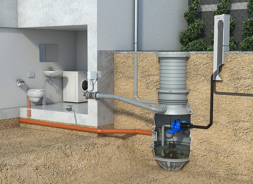 Computergrafik Querschnitt einer Pumpstation die außerhalb eines Gebäudes aufgestellt ist