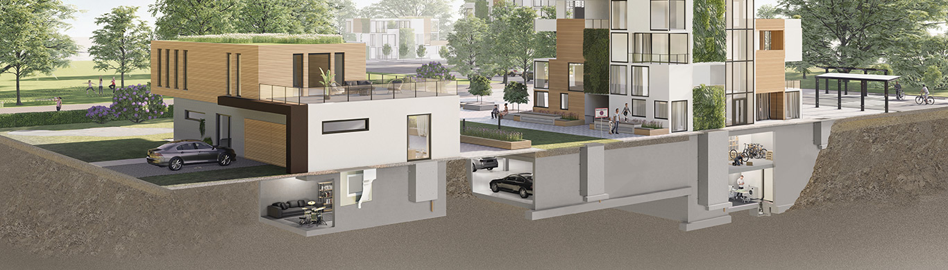 Rendering einer modernen Wohnanlage mit Querschnitt von Keller und Tiefgarage, in grüner Umgebung mit Bäumen.
