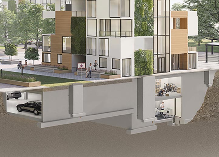 Rendering einer modernen Wohnanlage in grüner Umgebung mit Bäumen mit Querschnitt von Keller und Tiefgarage.