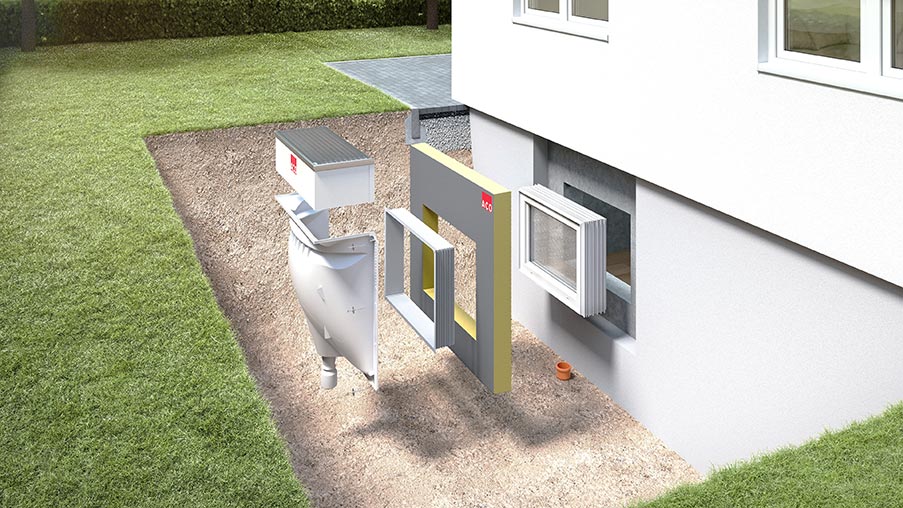 Rendering eines Kellerschutzsystems aus Rückstausicherung, Lichtschacht, Montagedämmplatte und Kellerfenster.